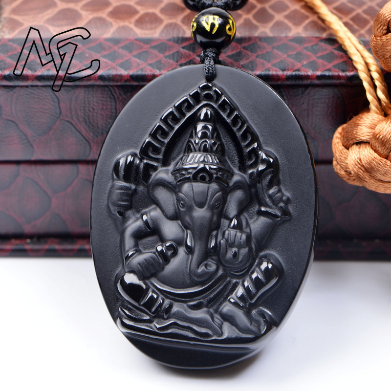 Men Accessories Jewellery - Natural Obsidian Elephant God Pendant Necklace